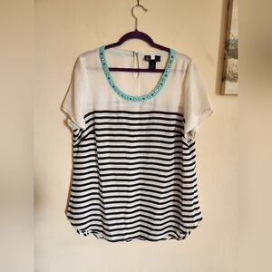 Lane Bryant Striped Blouse Top With Gems 14/16 Black Cream